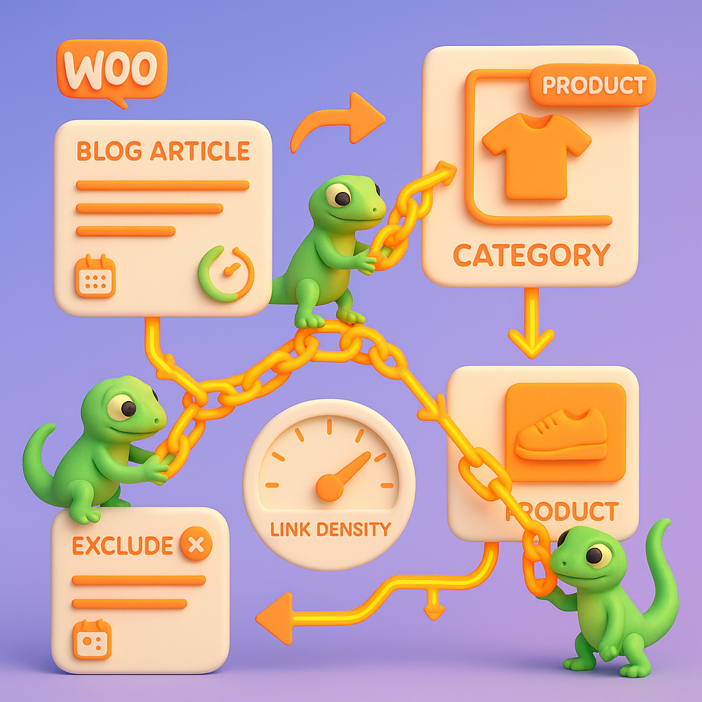 Automated internal linking across a WooCommerce site with link chains connecting blog articles, product tiles, link density meter and daily update icons