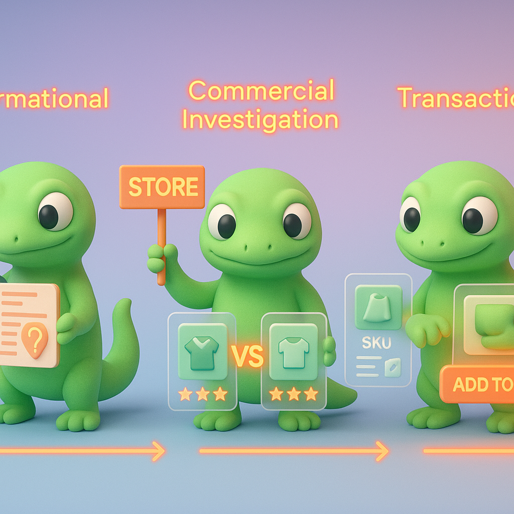 Illustration of four green geckos labeled Informational, Navigational, Commercial Investigation, Transactional showing customer journey from research to add-to-cart — visualizing the four types of search intent for WooCommerce