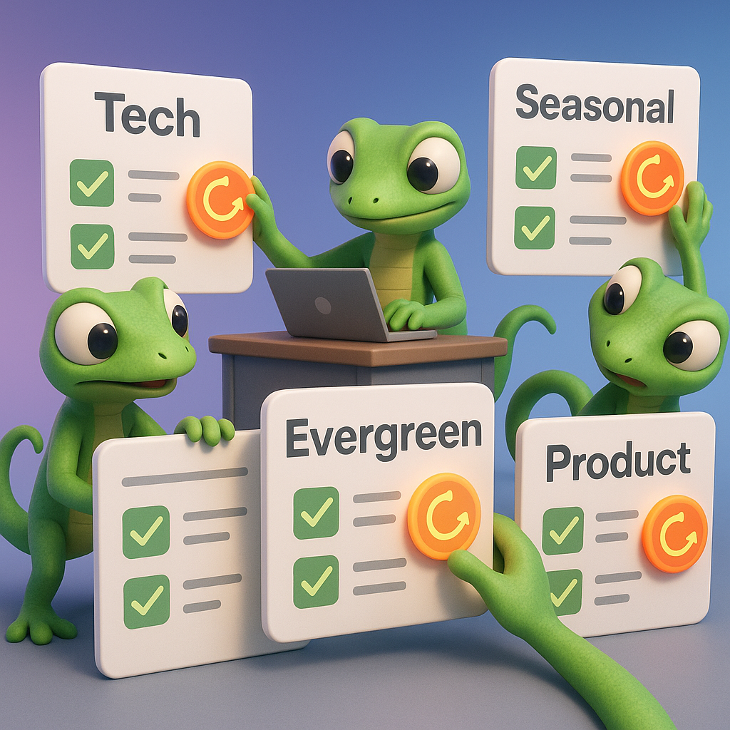 3D cartoon-style illustration of several green gecko characters in a newsroom setting updating different types of content cards for tech, evergreen, seasonal, and product topics