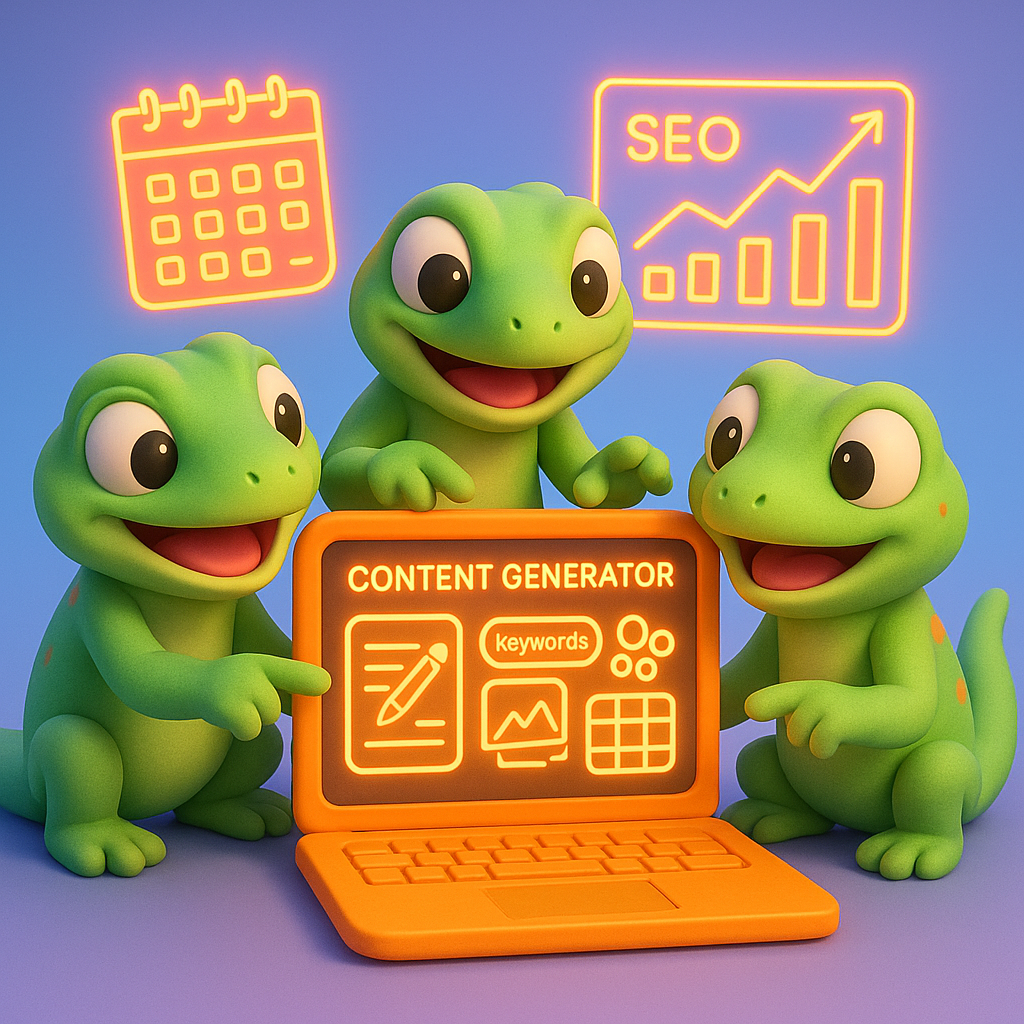 3D cartoon-style illustration of three soft, rounded green gecko characters sitting around a large neon orange laptop, with glowing content generator tools and keyword clusters displayed on the screen. The geckos are pointing at the screen excitedly, a content calendar and SEO graphs appearing as floating neon orange overlays.