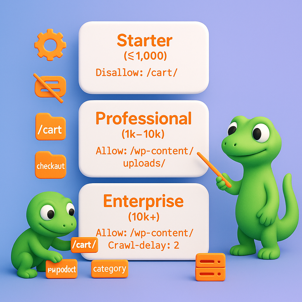 Stacked cards illustrating Starter, Professional, and Enterprise robots.txt templates for WooCommerce with directives like Disallow /cart/ and Allow /wp-content/uploads/ – choosing templates by store size