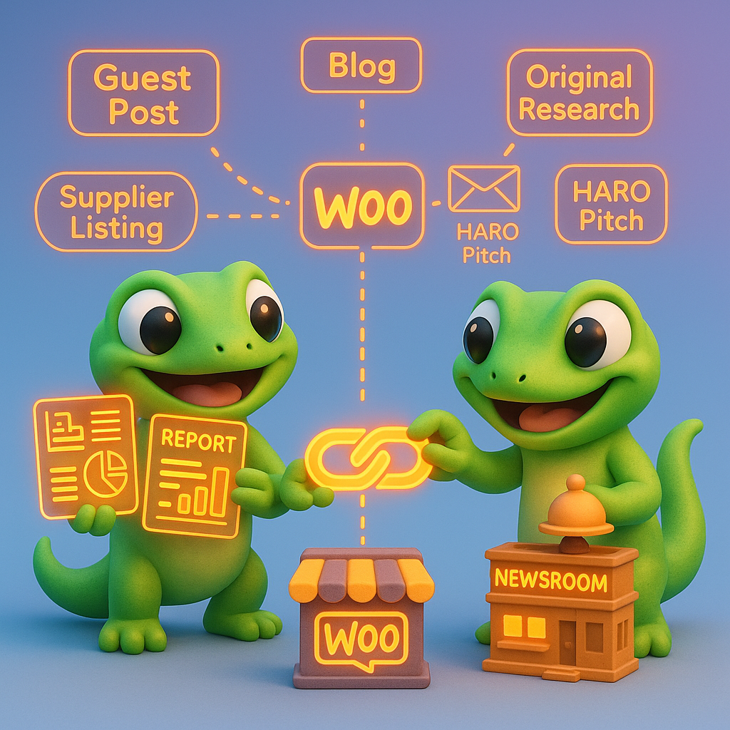 3D illustration of two green geckos collaborating on external link building with visual backlink paths from blogs, manufacturer sites and publications converging on a WooCommerce storefront, showing guest post, supplier listing and original research badges