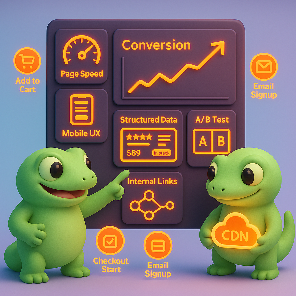 3D illustration of two green geckos collaborating around a conversion-optimization dashboard showing Page Speed, Mobile UX, Structured Data, Internal Links, and A/B Testing metrics
