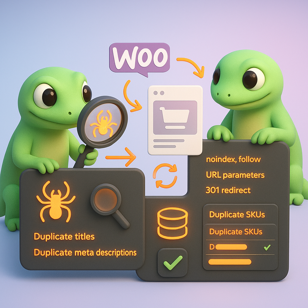 Two 3D cartoon green geckos at a troubleshooting dashboard inspecting a Screaming Frog-style spider and toggles for noindex, URL parameters, and 301 redirects, highlighting duplicate titles, meta descriptions, and duplicate SKUs