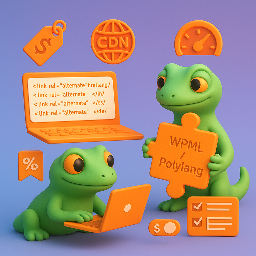3D illustration of two green geckos collaborating on international WooCommerce technical setup with visible hreflang tags, WPML/Polylang plugin piece, schema and CDN icons — representing correct hreflang and plugin implementation