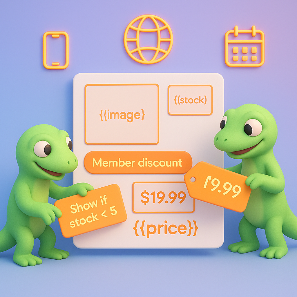 Two 3D green geckos arranging a dynamic content template with placeholders like {{price}}, {{stock}} and applying conditional rules such as low-stock and member discounts