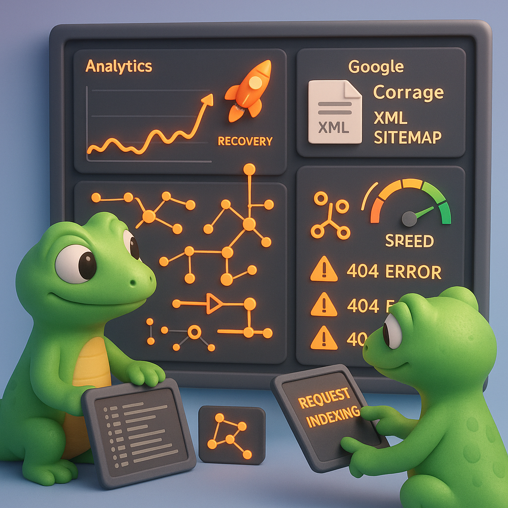 Two geckos monitoring post-migration dashboards showing analytics recovery spike, Google Search Console coverage, Core Web Vitals, and 404 error list — post-launch monitoring for WooCommerce migrations