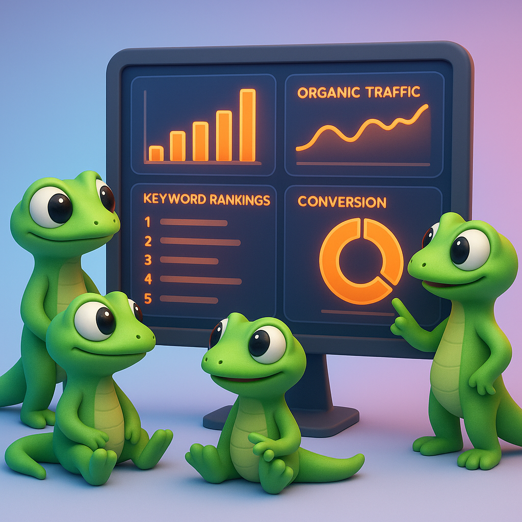 3D cartoon-style illustration showing a team of soft, rounded green gecko characters gathered around a large digital dashboard screen, which displays neon orange charts, organic traffic lines, keyword rankings, and conversion metrics, with a light blue-to-purple gradient background.