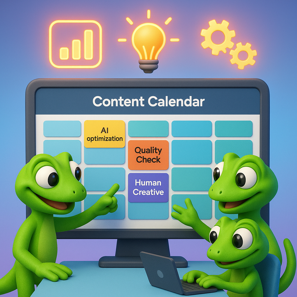 3D cartoon-style illustration showing a team of three green gecko characters collaborating at a digital content calendar, with color-coded blocks for AI optimization, quality checks, and human creativity. Dashboard and automation icons float above, symbolizing metric tracking and workflow automation.