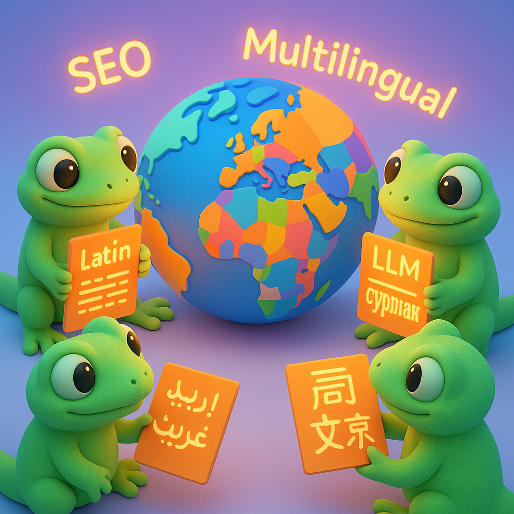 3D cartoon-style illustration showing several soft, rounded green gecko characters gathered around a large, glowing globe split into many colorful language regions. Each gecko holds a neon orange document featuring different scripts: Latin, Arabic, Kanji, and Cyrillic. The background is a light blue-to-purple gradient, and key terms like 'SEO', 'LLM', and 'Multilingual' appear in neon orange text floating around the globe.