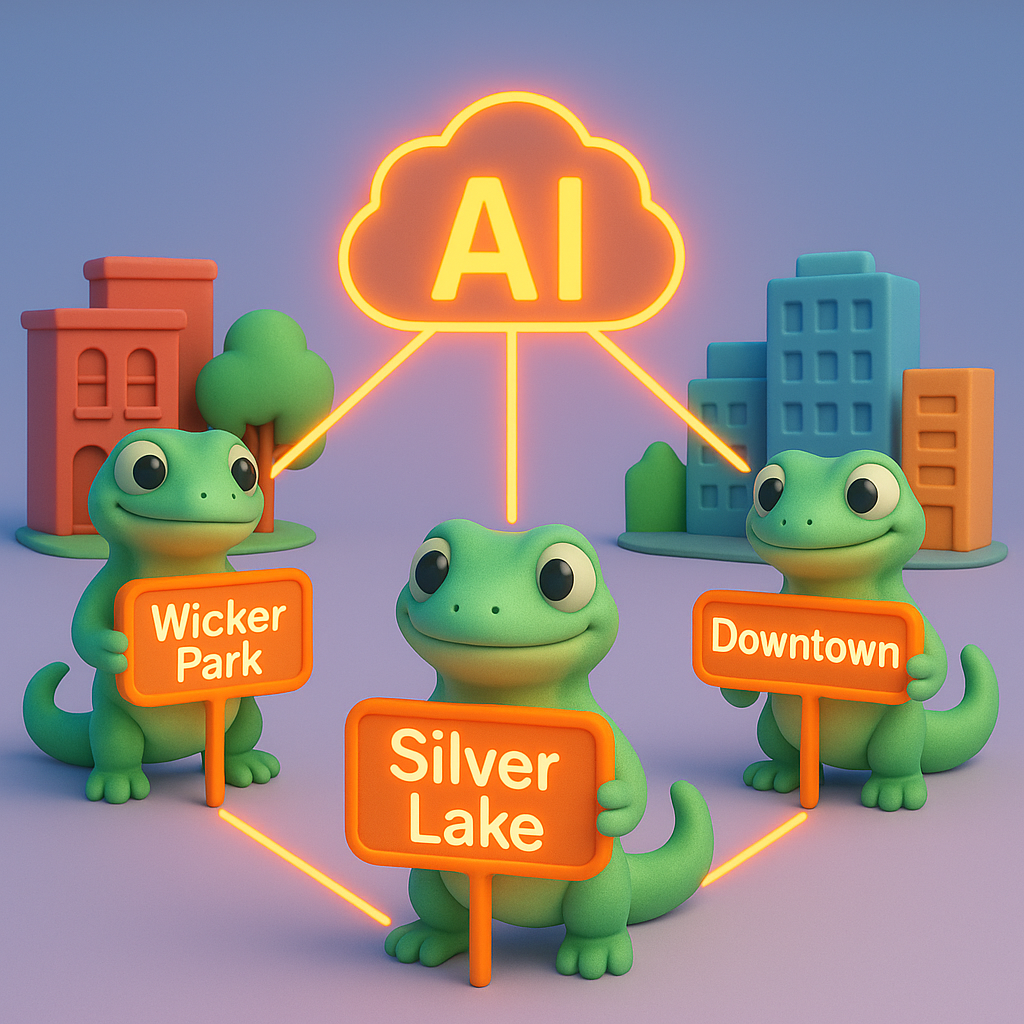 3D cartoon-style illustration showing three soft, rounded green geckos standing in different city neighborhoods, each holding neon orange location signs labeled with specific neighborhood names (e.g., 'Wicker Park', 'Silver Lake'), on a light blue-to-purple gradient background. Neon orange lines connect the geckos to a large, glowing AI icon in the center, representing LLM-driven local SEO connections.