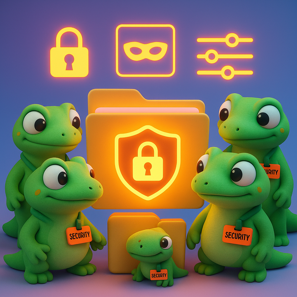 Illustration of data privacy safeguards with gecko characters, encryption locks, and data minimization icons