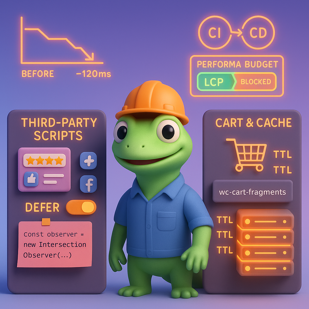 3D cartoon-style illustration of a green gecko engineer deferring third-party scripts, using IntersectionObserver for lazy loading, and managing cart cache via Redis with a CI/CD performance budget chart showing INP improvement