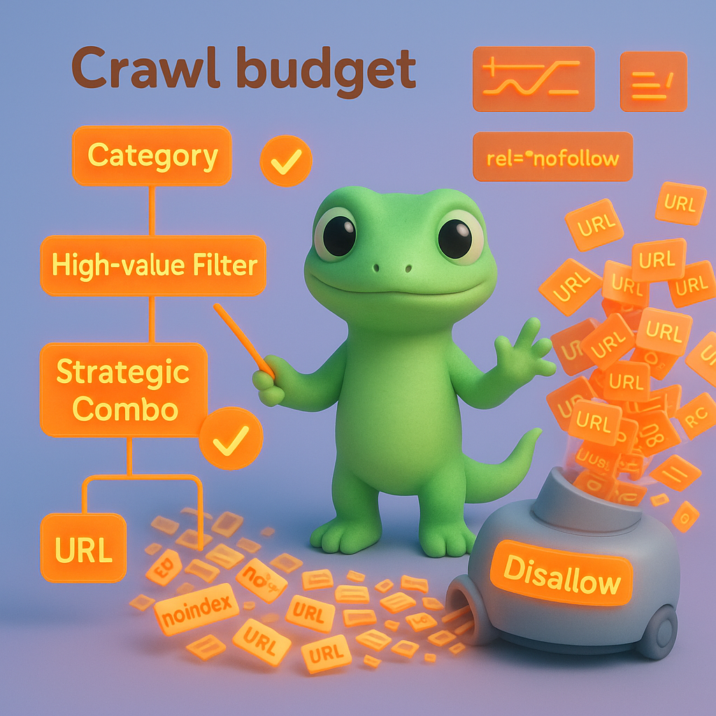3D infographic of a green gecko managing crawl budget and sitemap: XML sitemap nodes (Tier 1–3) highlighted and low-value URL swarm being vacuumed into a "Disallow" robots trap — illustrating crawl budget and sitemap management for WooCommerce faceted navigation
