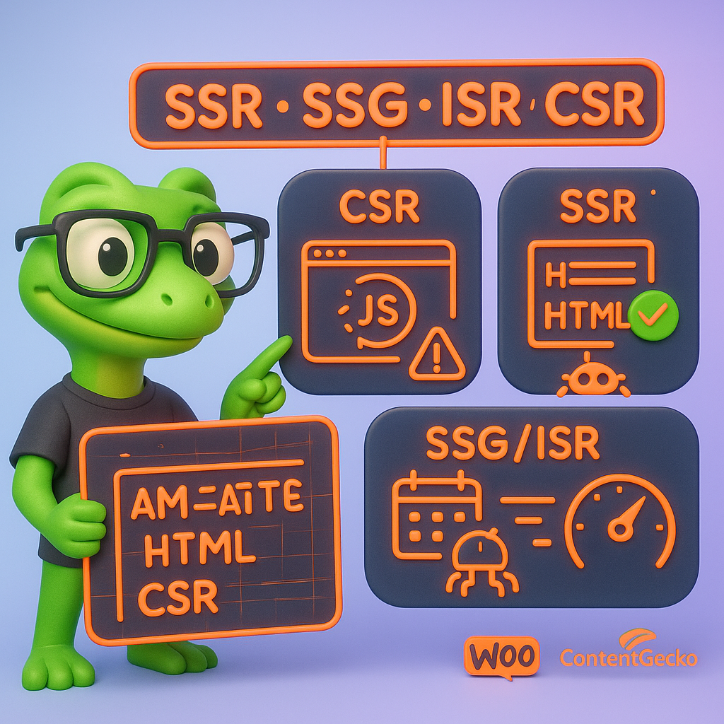 Infographic comparing rendering approaches for headless WooCommerce: CSR, SSR, SSG/ISR with SEO and indexing implications