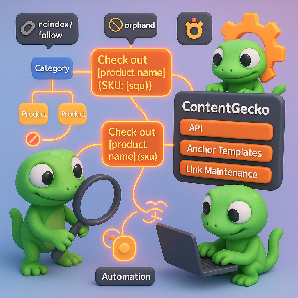 3D infographic of multiple green gecko characters automating WooCommerce internal linking: catalog tree discovery, API integration, anchor templates, link maintenance, orphan detection and automation icons