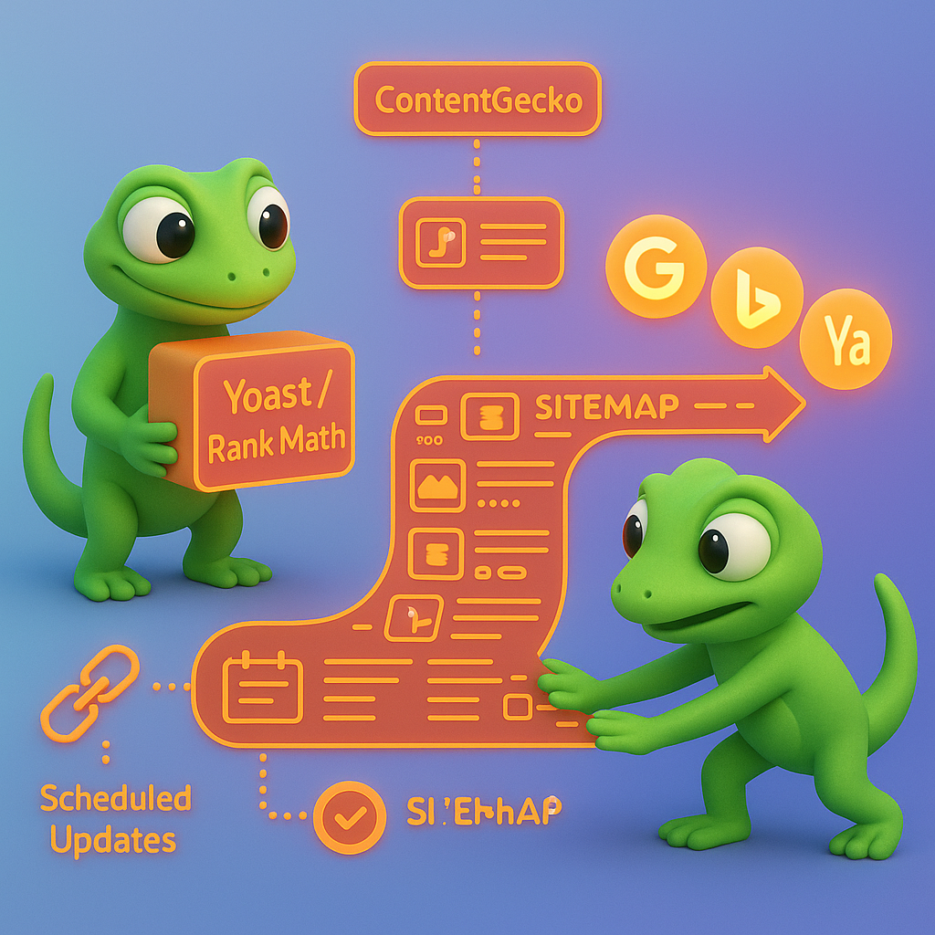 Infographic with two green geckos showing Yoast/Rank Math plugin box, animated sitemap stream, search engine orbs and webhook/calendar icons — visualizing ContentGecko integration, plugin sitemap control, and automated sitemap updates