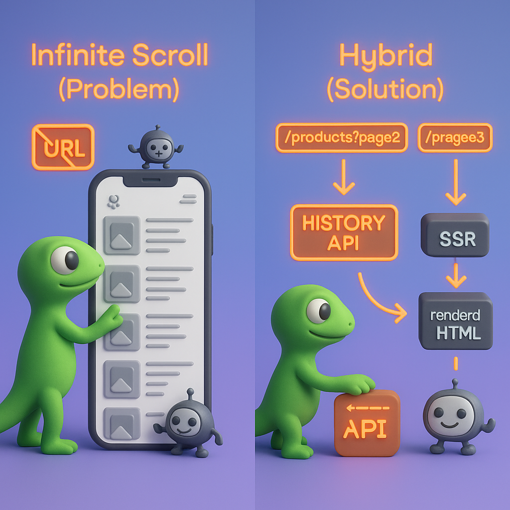 Two-panel 3D infographic showing infinite scroll problem vs hybrid solution with History API and SSR creating unique crawlable URLs (e.g., /products?page=2) for better SEO