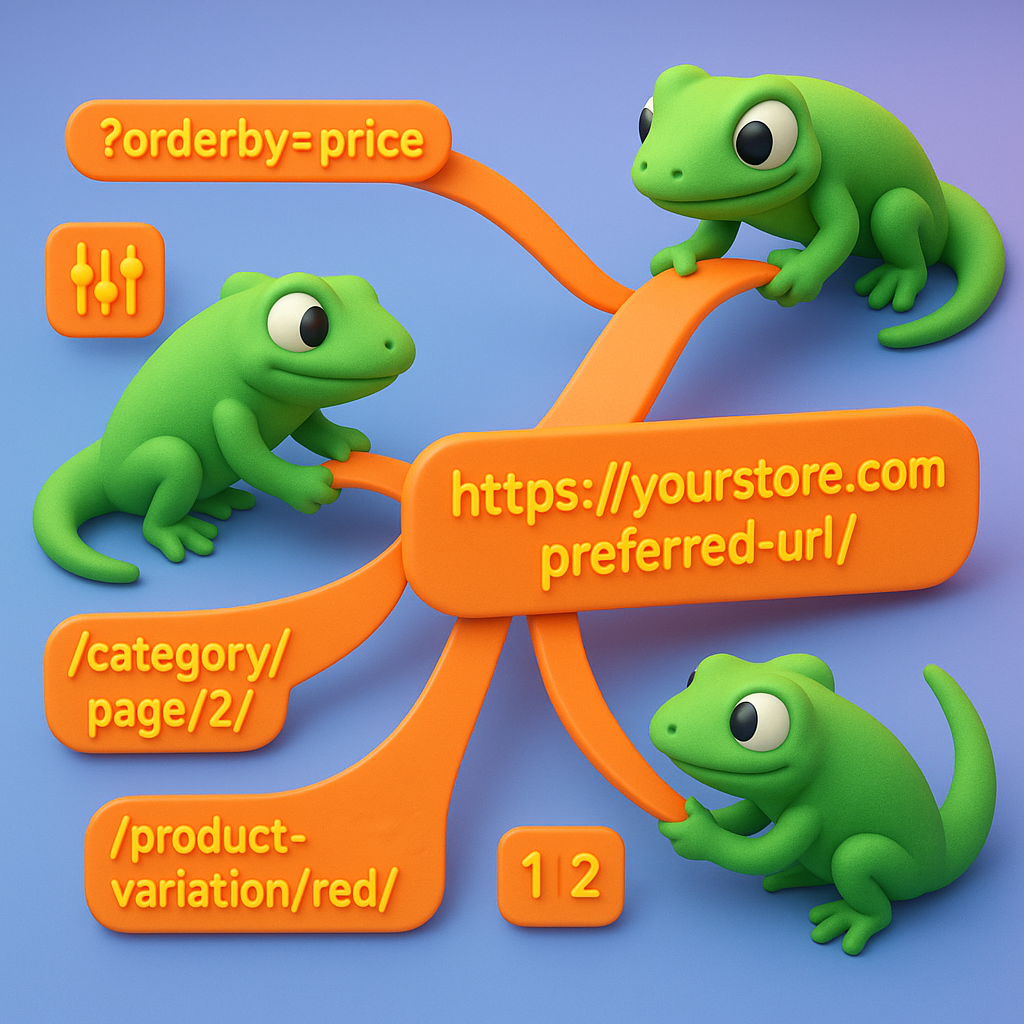 Infographic of three green geckos consolidating multiple orange URL ribbons (filter, pagination, variation URLs) into a single canonical URL ribbon, illustrating canonical consolidation for WooCommerce duplicate pages