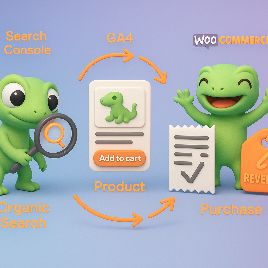 3D cartoon-style ecommerce funnel infographic showing organic search to product to purchase with labels Search Console, GA4, and WooCommerce
