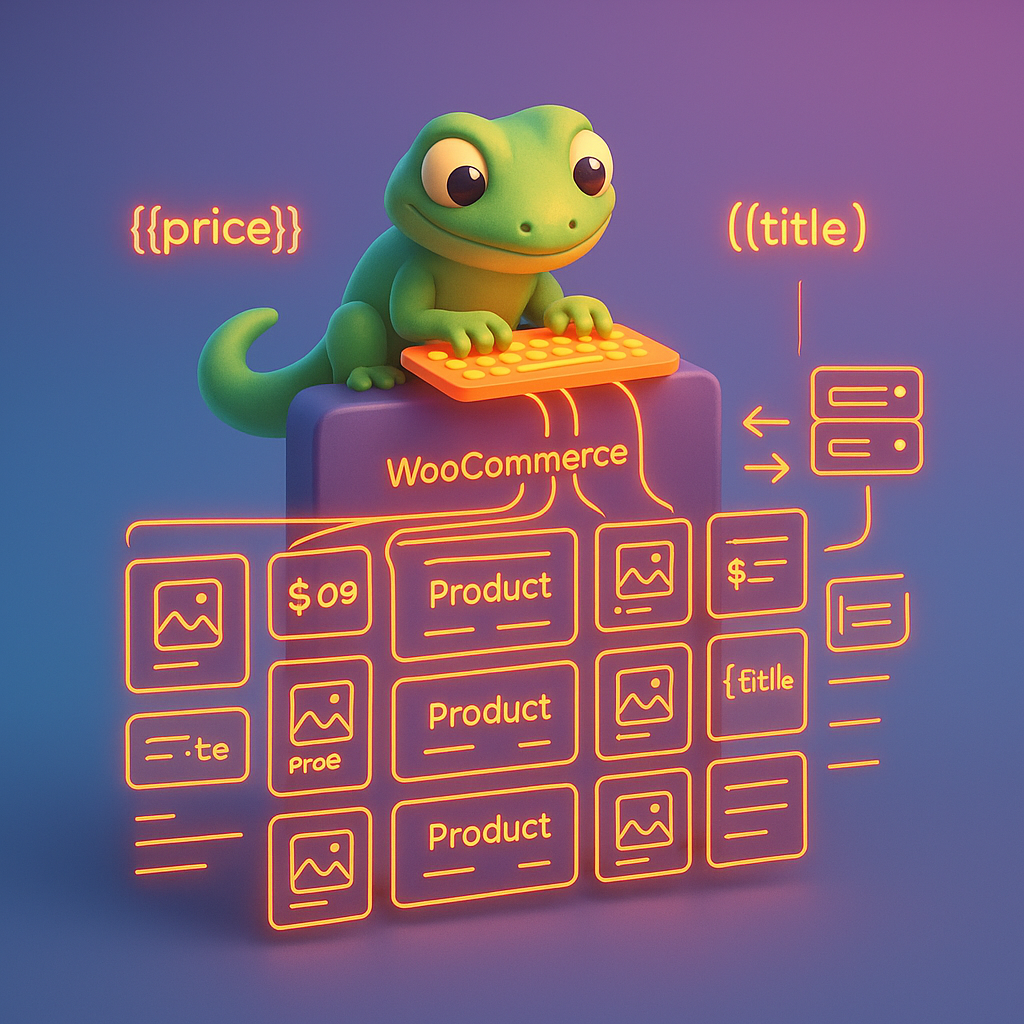 3D illustration of a friendly green gecko on a WooCommerce storefront typing on a neon keyboard with product cards, catalog grid and sync arrows representing catalog-synced content generation for WooCommerce