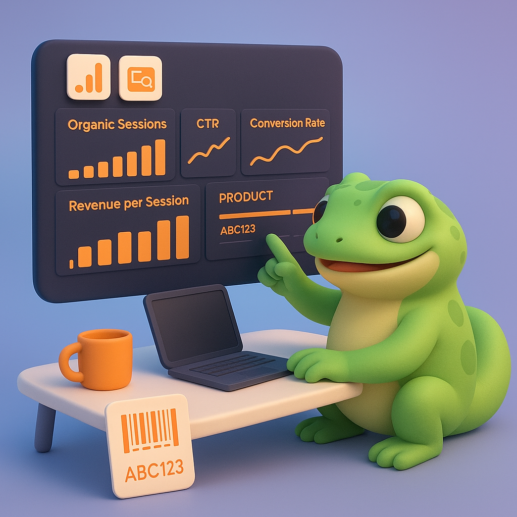 3D render of a friendly green gecko at an analytics dashboard showing Organic Sessions, CTR, Conversion Rate, Revenue per Session and SKU table — GA4 and Search Console icons visible