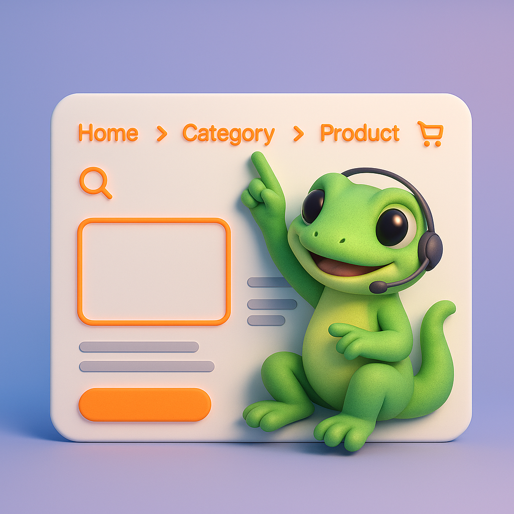 3D illustration of a green gecko pointing to a neon orange WooCommerce breadcrumb trail reading 'Home > Category > Product' on an e-commerce product page mockup