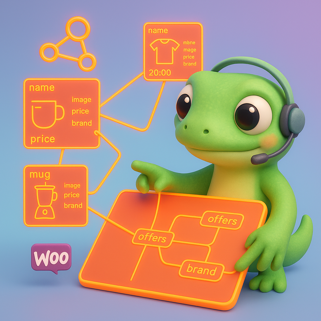 3D gecko arranging product cards into a network illustrating Product, Offer, and Brand schema relationships for WooCommerce structured data