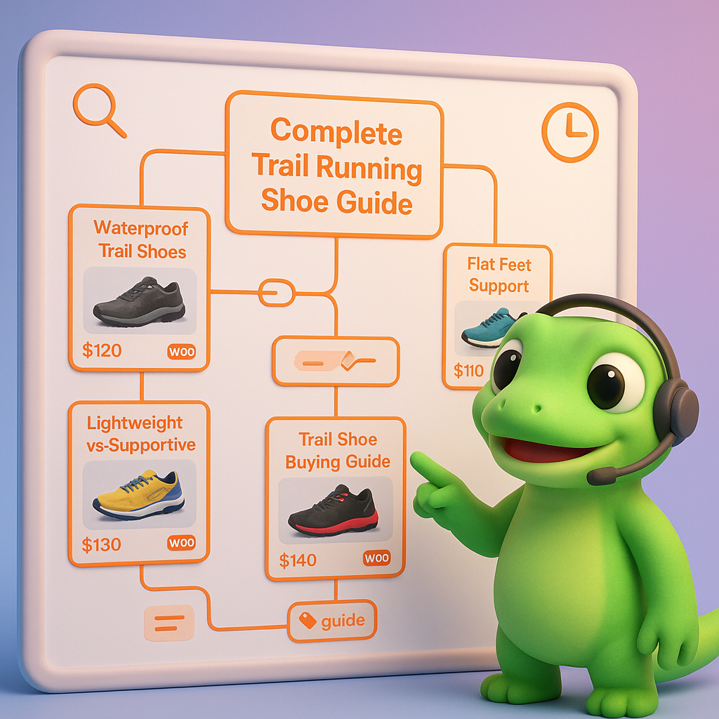 3D cartoon gecko pointing at a topic cluster map showing a pillar page 'Complete Trail Running Shoe Guide' with connected cluster cards and WooCommerce product thumbnails