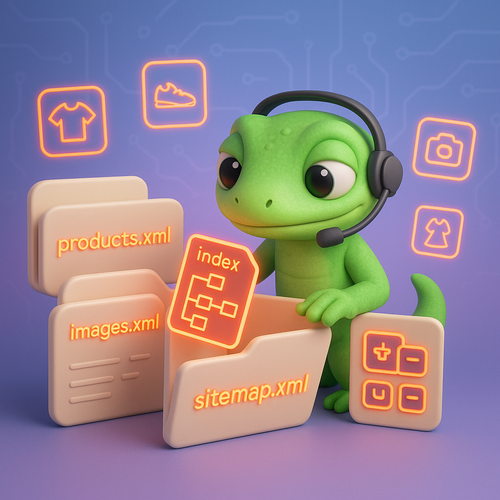 3D friendly green gecko webmaster dragging a neon orange sitemap index file into sitemap.xml among product thumbnails — visual representation of WooCommerce XML sitemap and product indexing