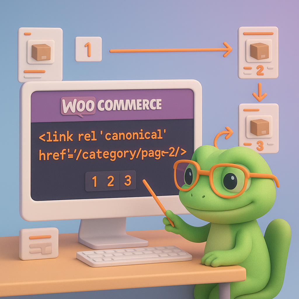 3D gecko character pointing at a WooCommerce category page showing numbered pagination and a self-referencing canonical tag snippet <link rel="canonical" href="/category/page-2/"> illustrating correct pagination canonicalization