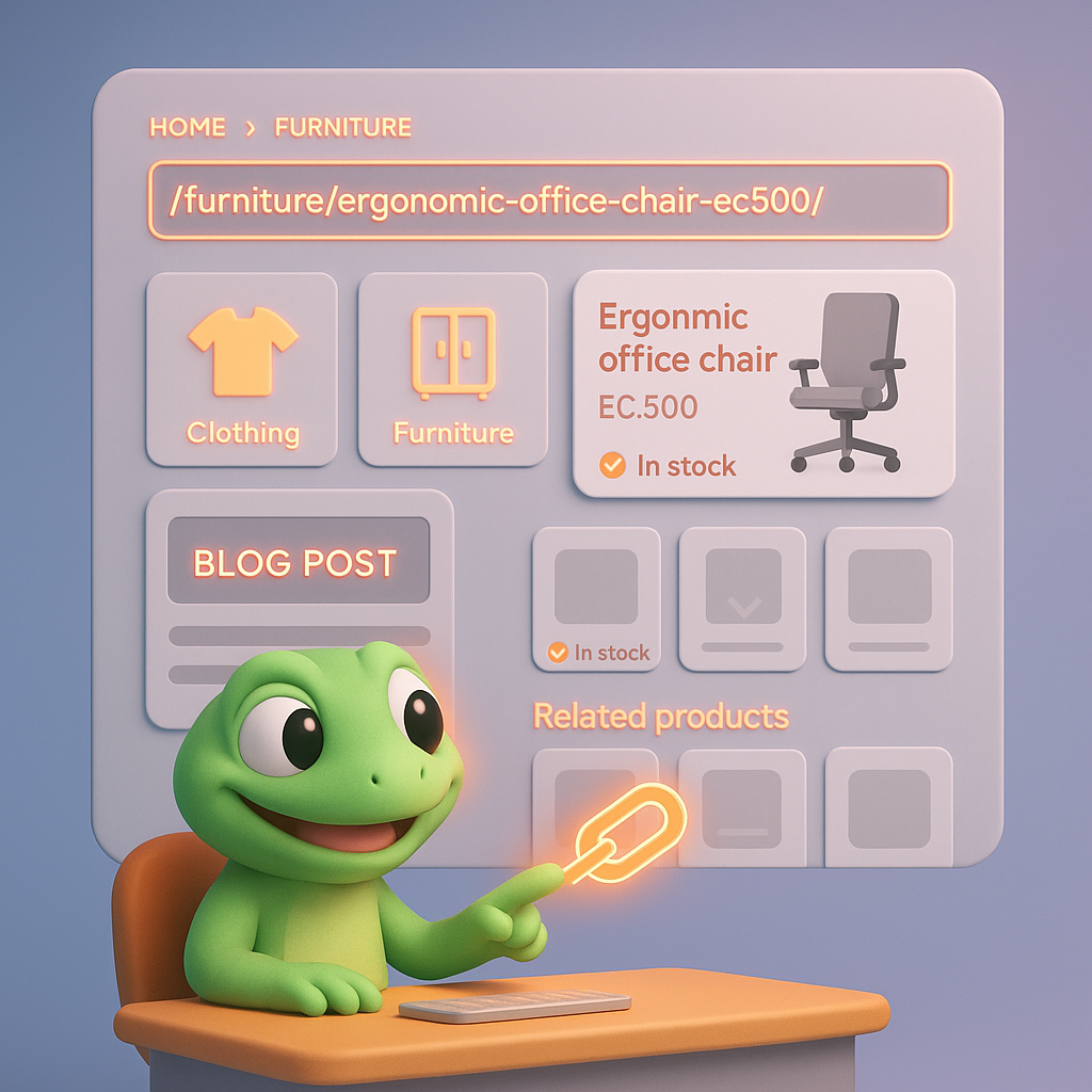 3D scene of a friendly green gecko interacting with a WooCommerce product catalog UI, dragging a neon orange link from a blog post to a product card to create an internal link