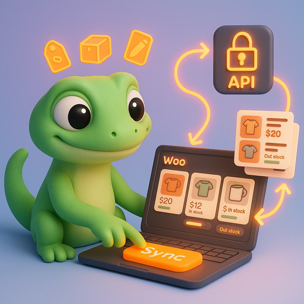 ContentGecko gecko mascot syncing directly with a WooCommerce product catalog via secure API — laptop showing product cards, sync button, price and inventory icons, representing automated catalog synchronization and content updates