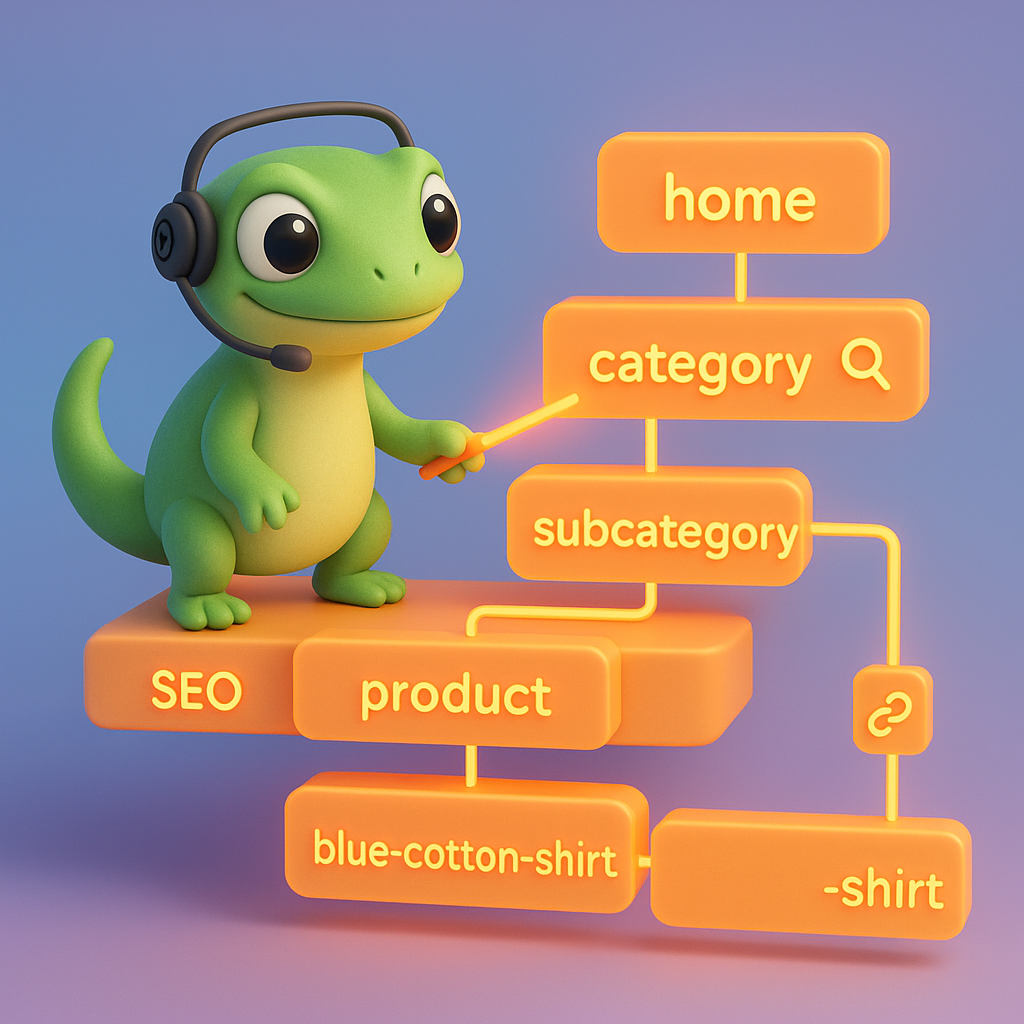 Illustration of a green gecko pointing at a hierarchical URL sitemap with blocks labeled home, category, subcategory, product and a highlighted product slug 'blue-cotton-shirt' — visualizing clean WooCommerce URL structure and SEO elements