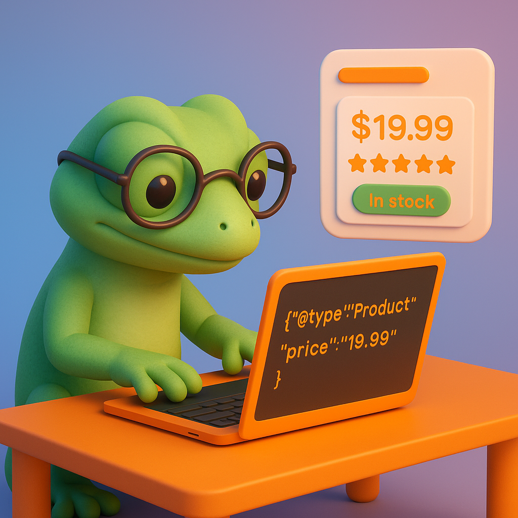 3D green gecko typing JSON-LD on a laptop with a Google product rich result showing price, star rating, and in-stock badge – visualizing WooCommerce product schema and rich results