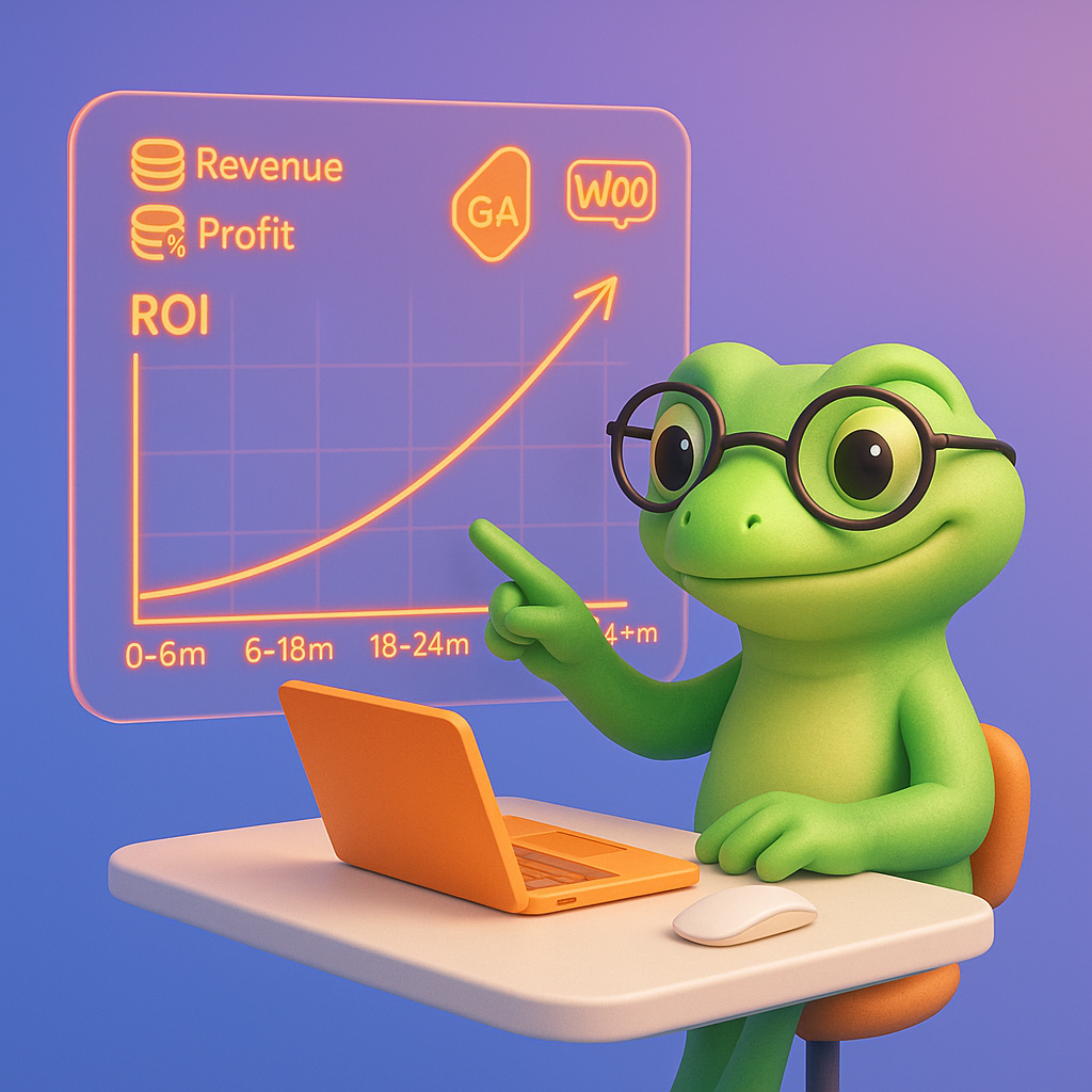 3D green gecko pointing at neon-orange ROI timeline chart for WooCommerce SEO (0-6m, 6-18m, 18-24m, 24+m) with revenue vs profit icons, GA4 tag, and WooCommerce cart badge