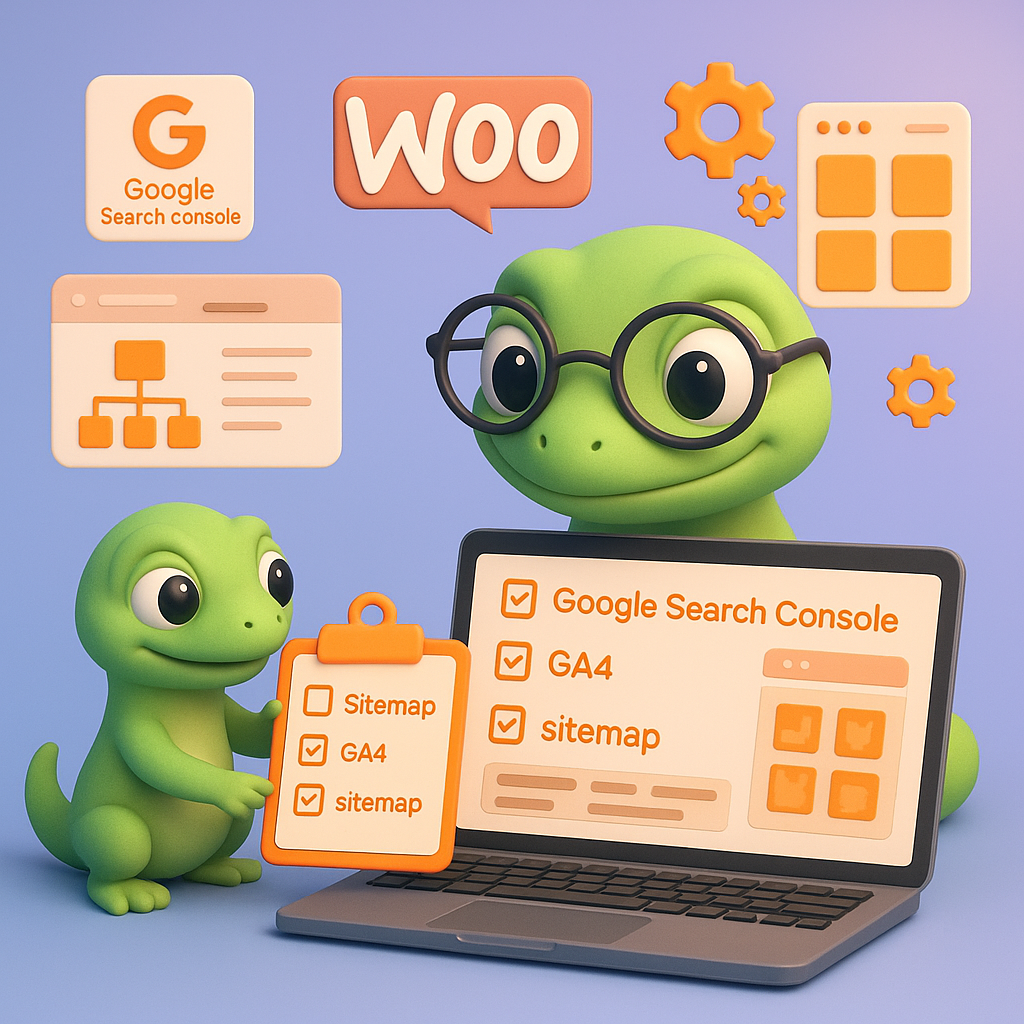 3D green gecko at a laptop viewing a WooCommerce dashboard and an SEO checklist (Google Search Console, GA4, sitemap) — friendly educational image for WooCommerce SEO checklist