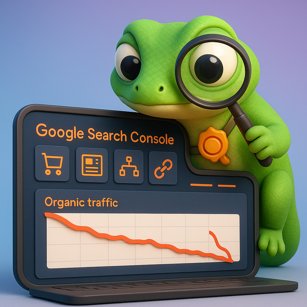 Gecko detective analyzing falling organic traffic on a laptop with Google Search Console-style panels, shopping cart and sitemap icons – visualizing WooCommerce SEO traffic drop diagnosis