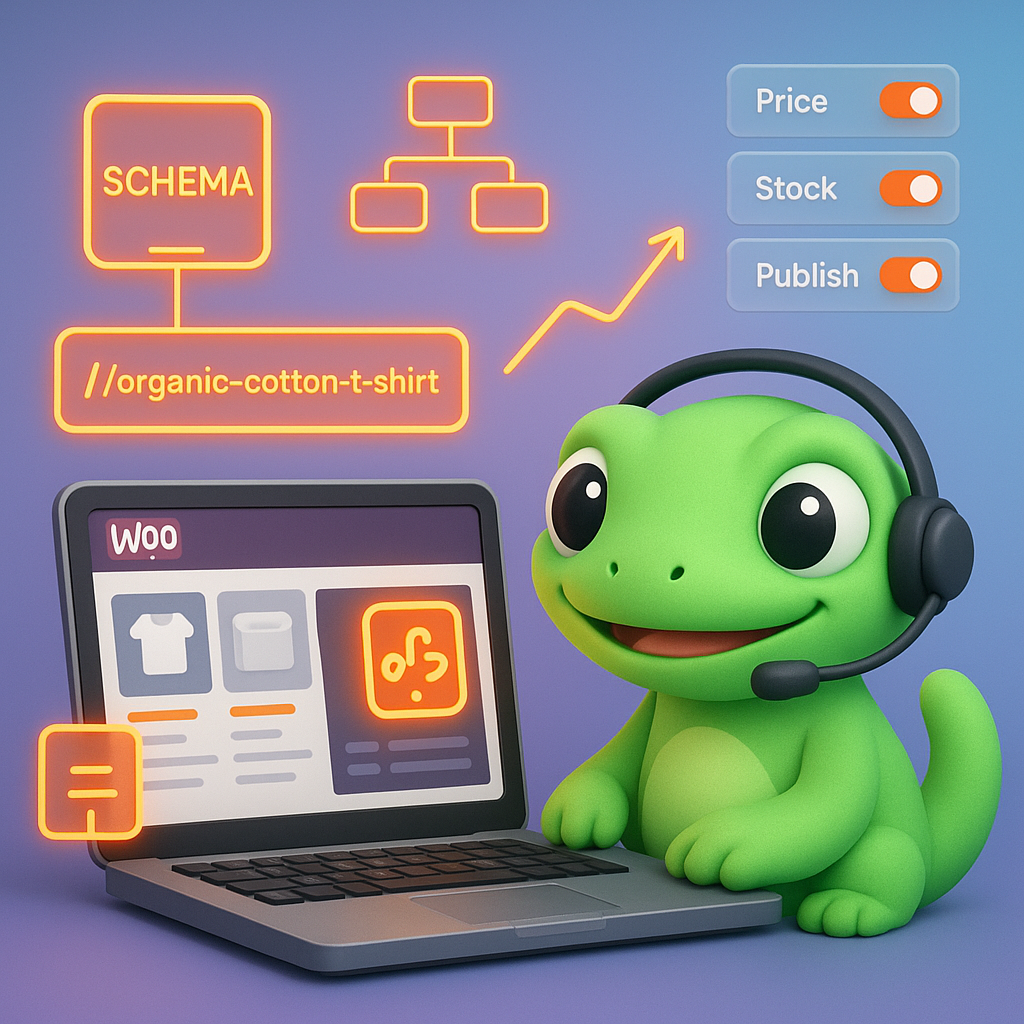 Green gecko mascot at a laptop displaying a WooCommerce dashboard with product tiles, API/plug icon, schema and sitemap callouts, and real-time price and stock toggles illustrating automated catalog integration.