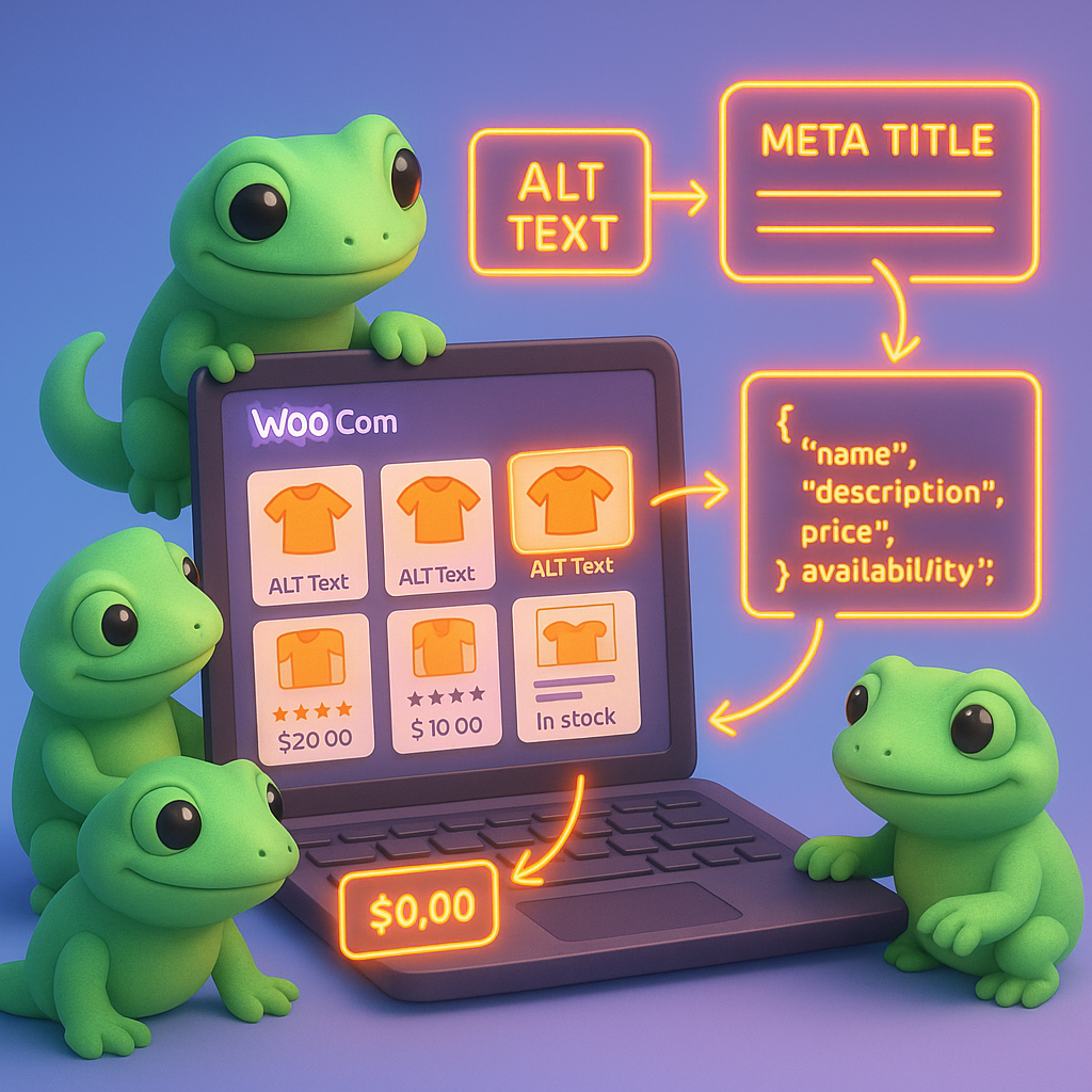 ContentGecko AI for WooCommerce: friendly green geckos automating metadata, alt text, and JSON-LD schema for product listings