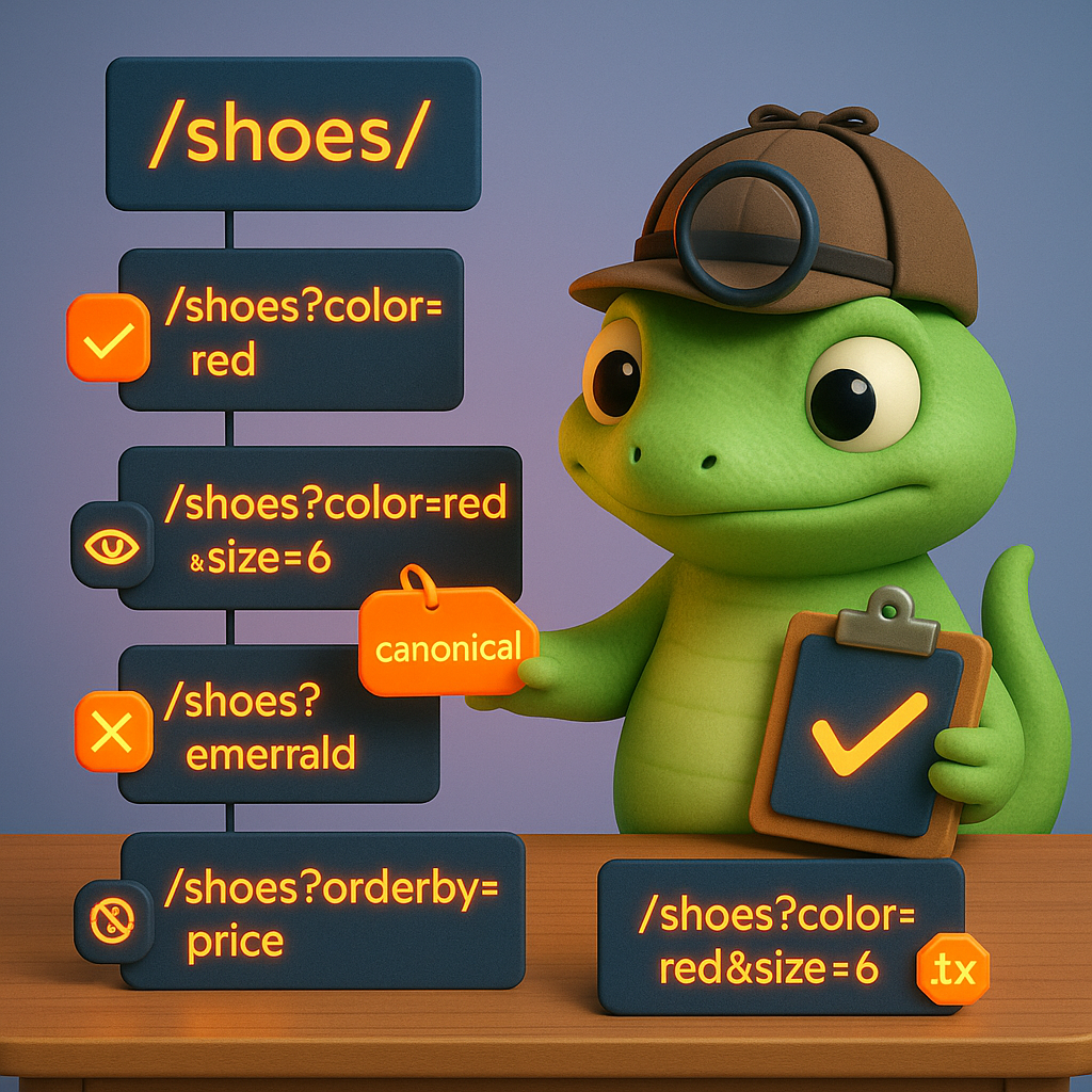 3D cartoon-style illustration of a green gecko inspecting floating filter URL cards labeled tiered indexability (Tier 1, Tier 2, Tier 3, Tier 4 noindex, Tier 5 blocked) with a canonical tag — visualizing canonicalization and indexing strategy for faceted navigation