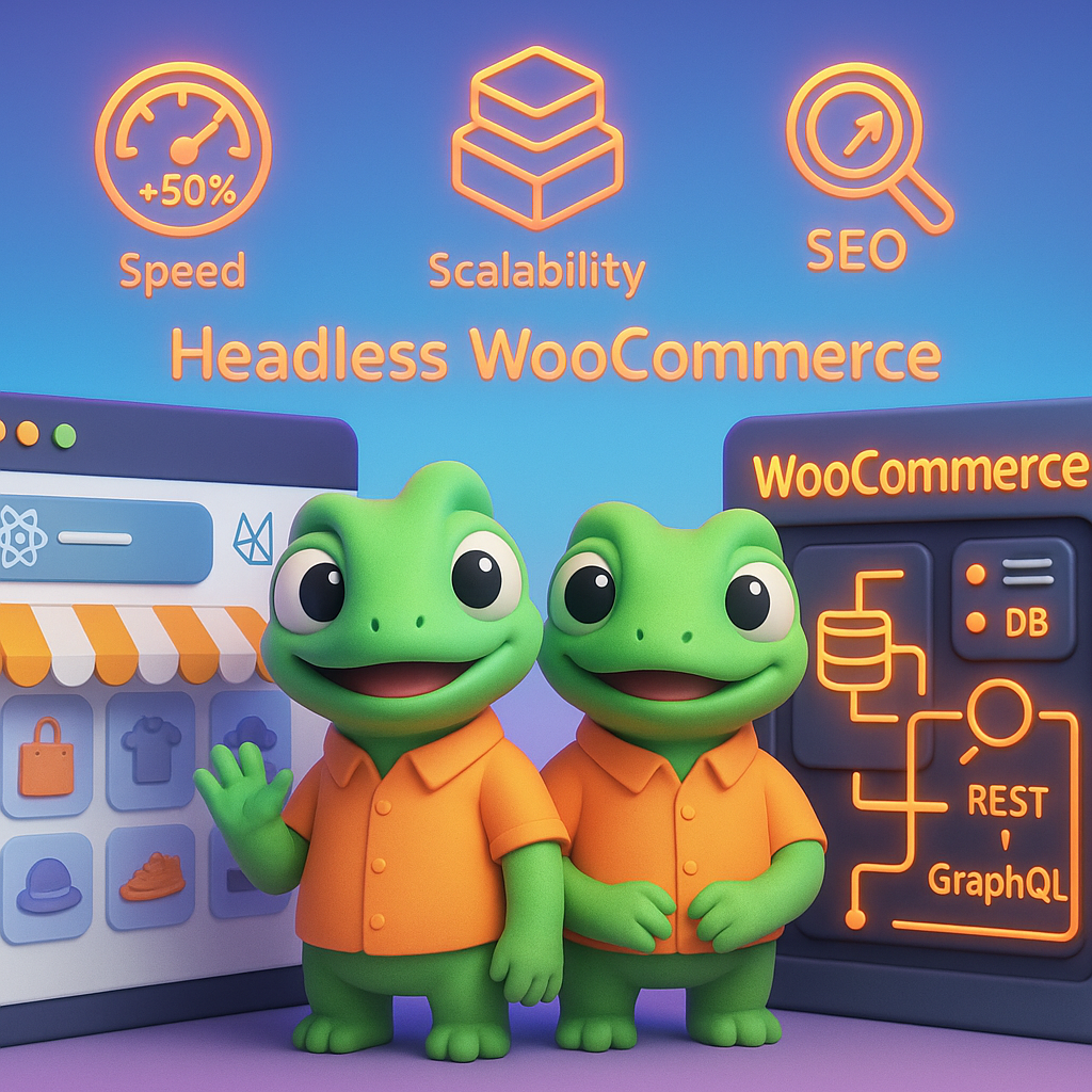 Headless WooCommerce architecture illustration showing decoupled storefront (React/Next.js) and WooCommerce backend with APIs, highlighting speed, scalability and SEO benefits