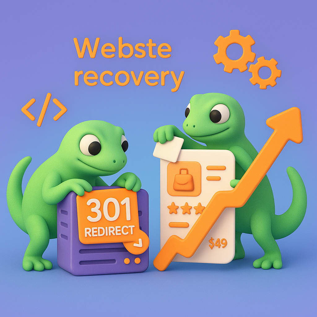 Two geckos applying 301 redirects and patching product pages while an organic traffic arrow rises, illustrating ContentGecko automated recovery and content synchronization for WooCommerce