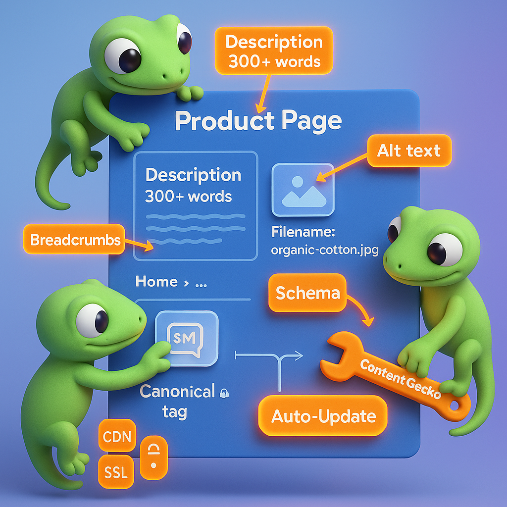 3D scene of three green geckos collaborating on a product page blueprint showing description, image filename, alt text, breadcrumbs, canonical tags and ContentGecko auto-update