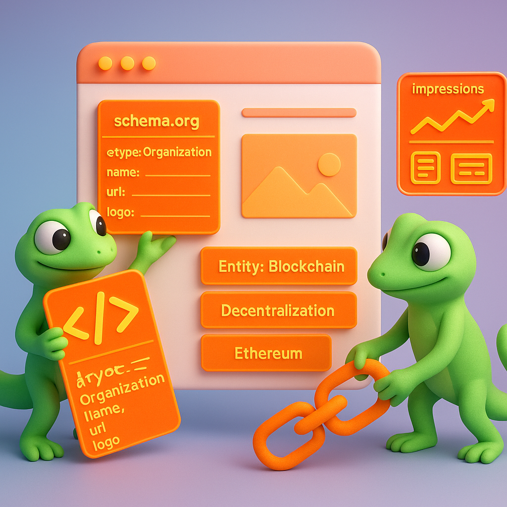 3D scene of two green geckos applying schema.org cards and arranging content clusters with a dashboard showing impressions, knowledge panel, and featured snippet to illustrate implementing schema markup and measuring entity SEO