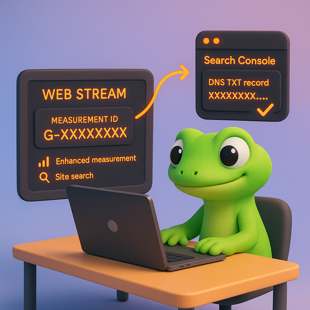 3D cartoon-style scene of a gecko at a laptop showing a GA4 web stream with a Measurement ID and a Search Console DNS TXT record with a verification checkmark, illustrating linking GA4 and Search Console