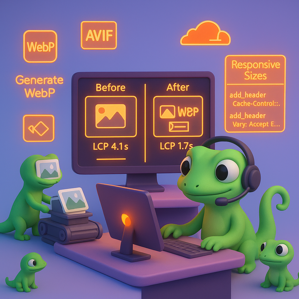 3D cartoon-style illustration of a green gecko technician comparing before (LCP 4.1s) and after (LCP 1.7s) product image optimization with AVIF/WebP, responsive <picture> snippet, and Nginx cache headers