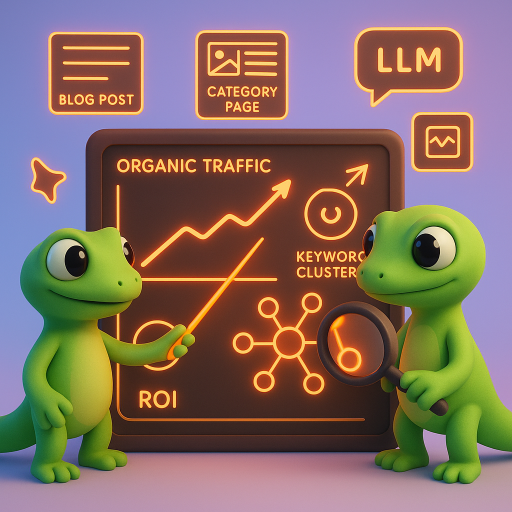 Two 3D green geckos collaborating in front of a dashboard showing rising organic traffic, keyword clusters, and ROI metrics — visualizing ContentGecko's catalog-synced content automation for WooCommerce