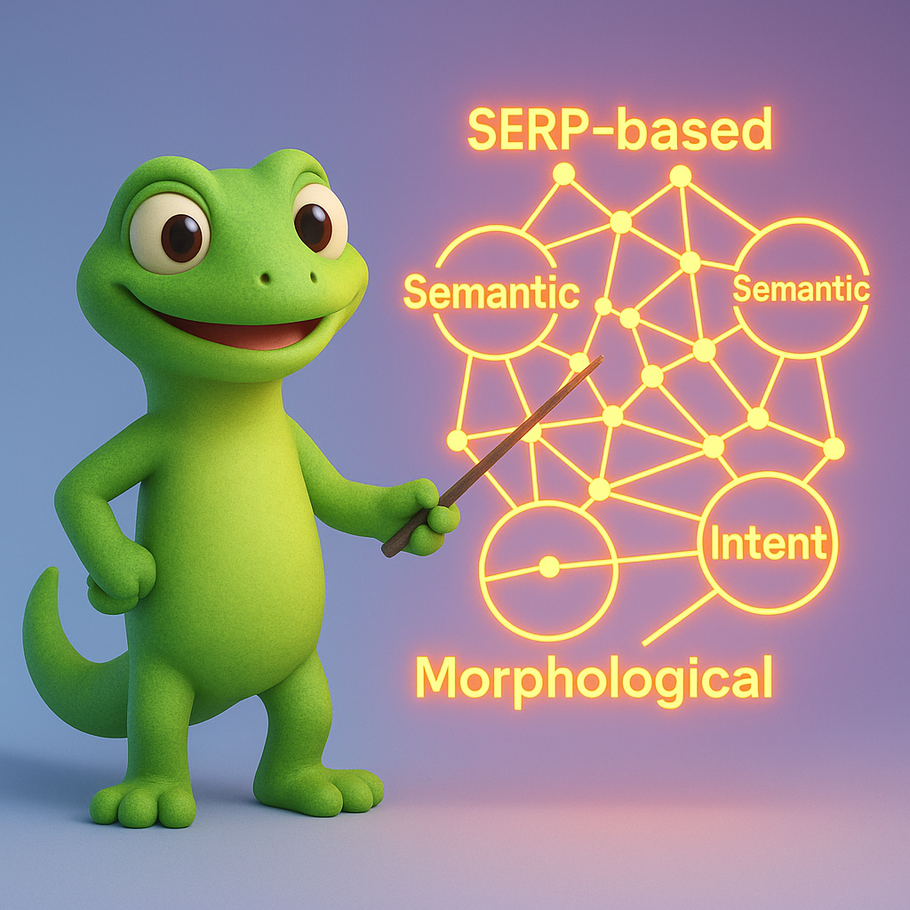 A 3D cartoon-style green gecko standing in front of a glowing neon network diagram labeled 'SERP-based', 'Semantic', 'Intent', and 'Morphological' keyword groups