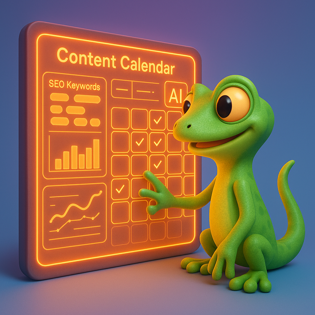 A 3D cartoon-style green gecko character using an AI-powered content calendar generator on a touchscreen, transforming SEO keyword clusters and analytics into a strategic content publishing schedule